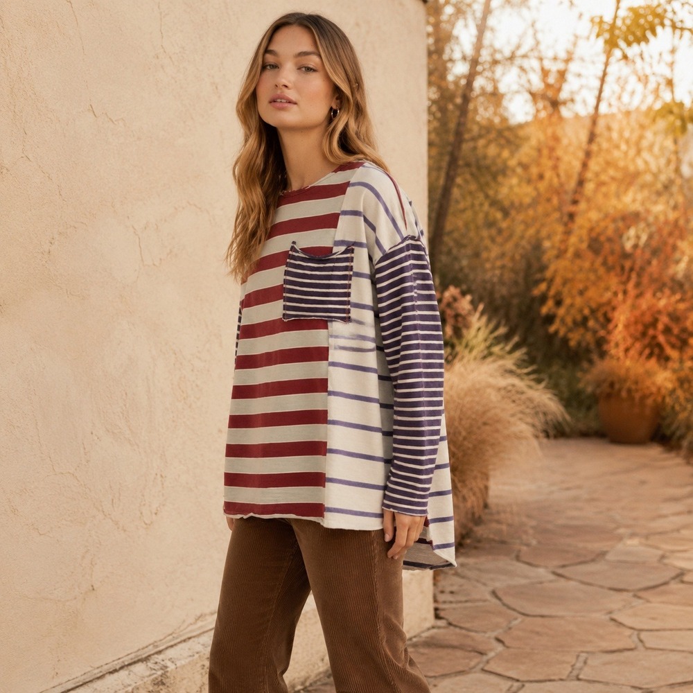 Free People We The Free Stripey Prep Tee Size XS Relaxed Fit Boho Fall Layering